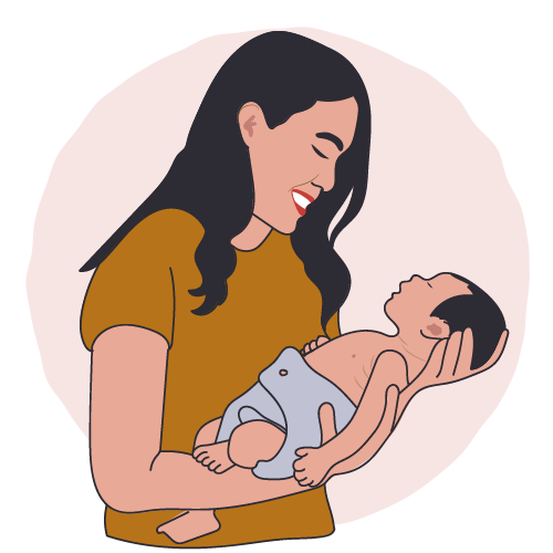 Midwife with long dark hair and light skin smiles while holding a baby.